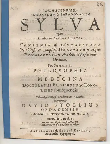 Stoll, David: aus Danzig: Quaestionum endoxarum & paradoxarum sylva. 