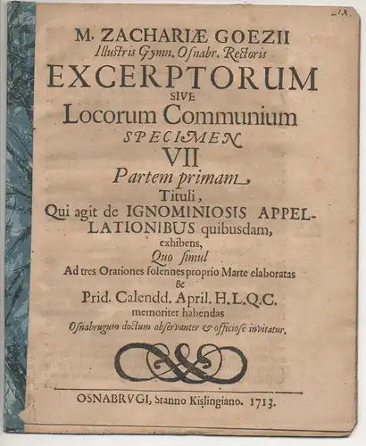 Goeze, Zacharias: Excerptorum Sive Locorum Communium Specimen VII + VIII (partem primam et secundum). 2 Einladungsprogramme. 
