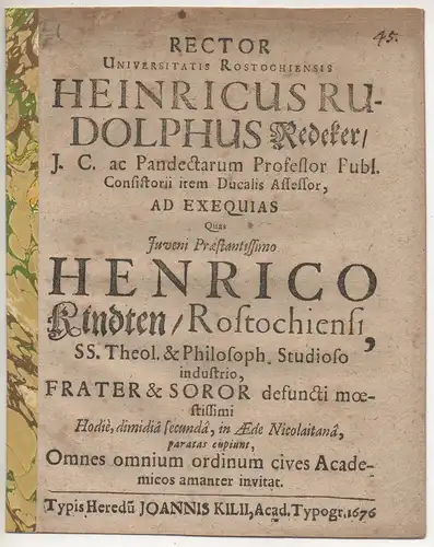 Redeker, Heinrich Rudolph: Promotionsankündigung von Heinrich Kind aus Rostock. 