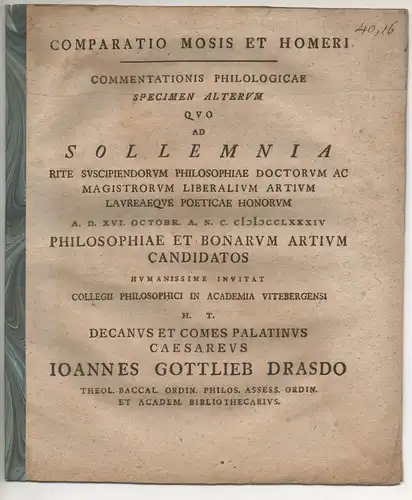 Drasdo, Johann Gottlieb: Comparatio Mosis et Homeri, Spec. 2 u. 3 (2 Teil). 