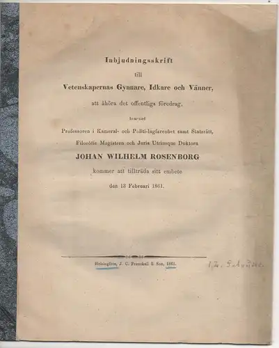 Rosenborg, Johan Wilhelm: Inbjudningsskrift till vetenskapernas gynnare, idkare och vänner, att åhöra det offentliga föredrag. Vortrag. 