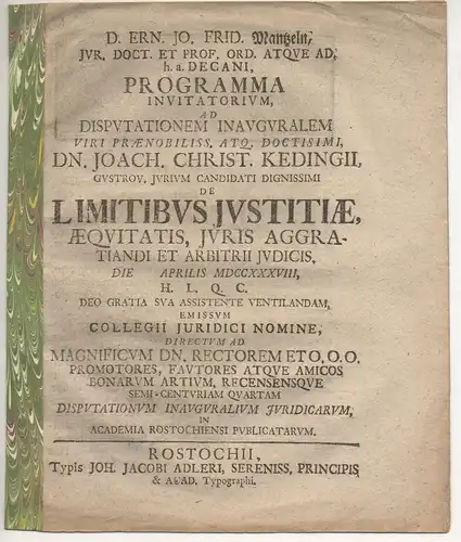 Mantzel, Ernst Johann Friedrich: Promotionsankündigung von Joachim Christian Keding aus Güstrow. 