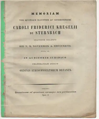 Günther, Karl Friedrich: Quaestionum ad sponsiones earumque iura pertimentium, spec. 1. Gedenkschrift für Karl Friedrich Kregel von Sternbach. 