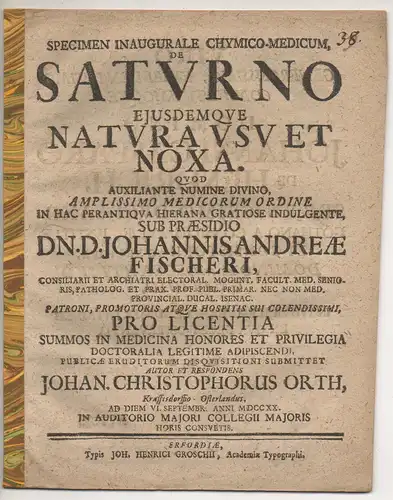 Orth, Johann Christoph: aus Kraftsdorf: Medizinische Inaugural-Dissertation. De saturno ejusdemque natura, usu et noxa. 