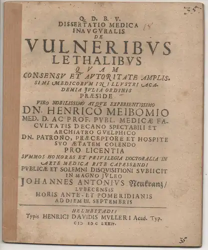 Neukranz, Johannes Autonius: aus Lübeck: Medizinische Inaugural-Dissertation. De vulneribus lethalibus. 