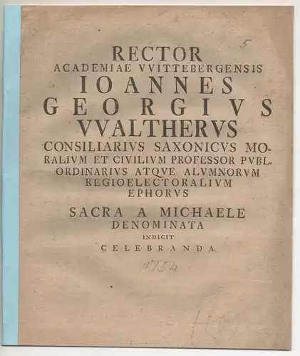 Walther, Johann Georg: An plures uno existant Archangeli? Universitätsprogramm zum Michaelistag. 