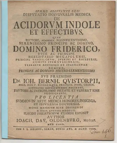 Oldenburg, Joachim David: aus Mecklenburg: Medizinische Inaugural-Disputation. De acidorum indole et effectibus. 