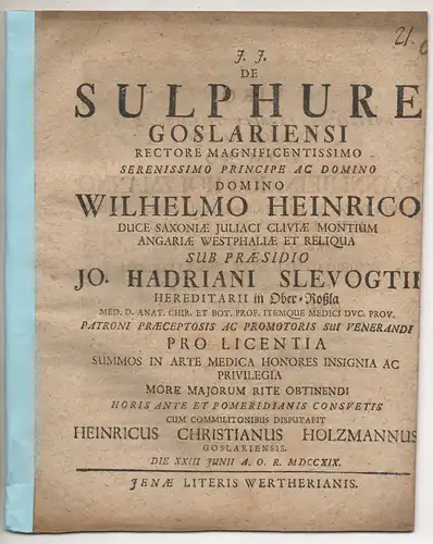 Holzmann, Heinrich Christian: aus Goslar: Medizinische Dissertation. De sulphure Goslariensi. 