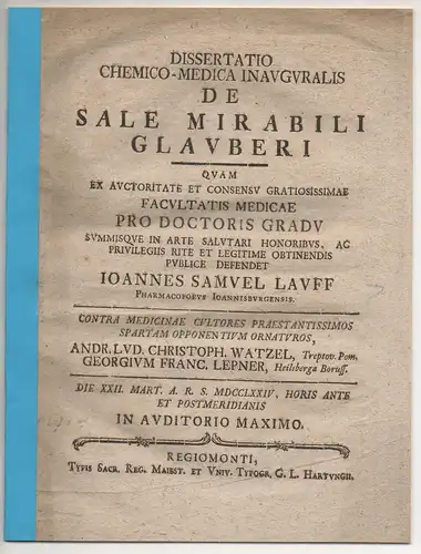 Lauff, Johann Samuel: Medizinische Inaugural-Dissertation. De sale mirabilie glauberi. 