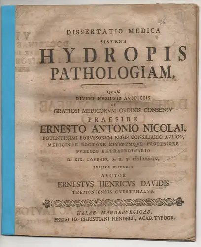 Davidis, Ernst Heinrich: aus Dortmund: Medizinische Dissertation. Hydropis pathologiam. 