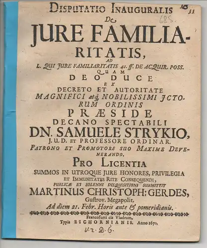 Gerdes, Martin Christoph: aus Güstrow: Juristische Inaugural-Disputation. De iure familiaritatis. 