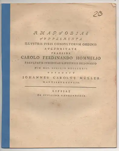 Müller, Johannes Carl: aus Merseburg: Juristische Dissertation. Rhapsodiae supplementa. 