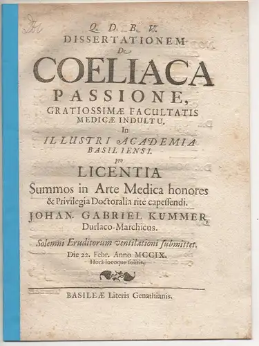 Kummer, Johann Gabriel: aus Durlach: Medizinische Dissertation. De coeliaca passione. 