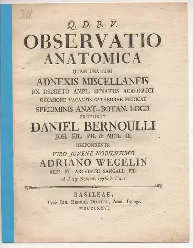 Wegelin, Adrian: aus St. Gallen: Medizinische Dissertation. Observatio anatomica. 