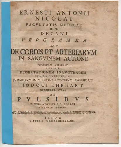 Nicolai, Ernst Anton: De pulsibus. Promotionsankündigung von Jodocus Ehrhart aus Memmingen. 