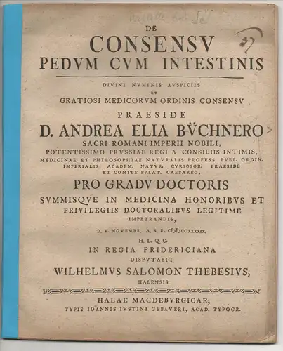 Thebesius, Wilhelm Salomon: aus Halle: Medizinische Dissertation. De consensu pedum cum intestinis. 