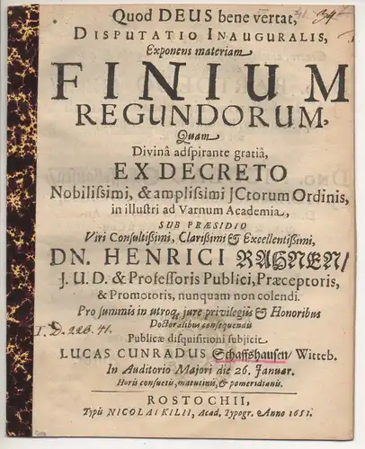 Schaffshausen, Lucas Conrad: aus Wittenberg: Juristische Inaugural-Disputation. Finium regundorum. 