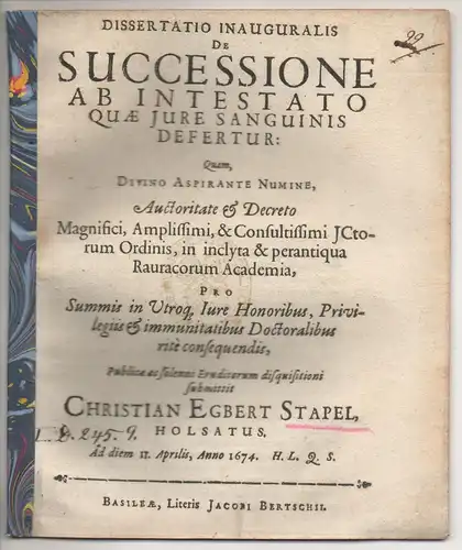 Stapel, Christian Egbert: aus Holstein: Juristische Inaugural-Dissertation. De successione ab intestato quae iure sanguinis defertur. 