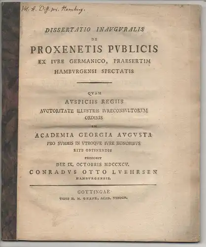 Luehrsen, Conrad Otto: aus Hamburg: Juristische Inaugural-Dissertation. De proxenetis publicis ex iure Germanico, praesertim Hamburgensi spectatis. 