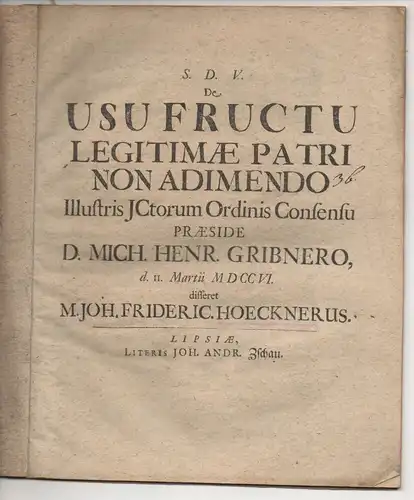 Höckner, Johann Friedrich: Juristische Disputation.  De usu fructu legitimae patri non adimendo. 