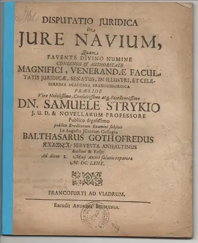 Kramer, Balthasar Gottfried: aus Zerbst: Juristische Disputation. De iure navium. 