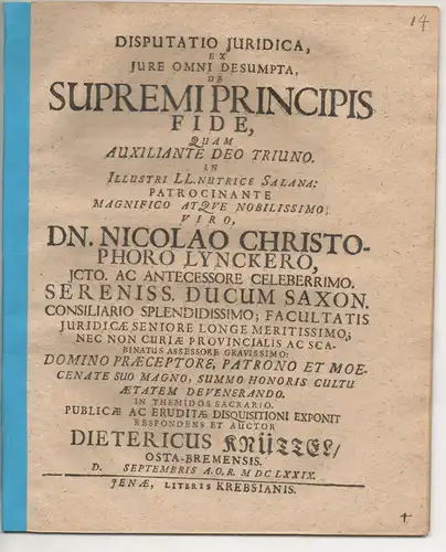 Knüttel, Dietrich: aus Bremen: Juristische Disputation. De supremi principis fide. 