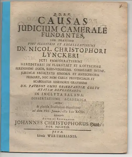 Hund, Johann Christoph: aus der Pfalz: Juristische Dissertation. Causas iudicium camerale fundantes. 