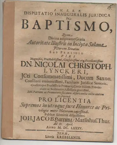 Hartung, Johann Jacob: aus Marlishausen: Juristische Inaugural-Disputation. De baptismo. 