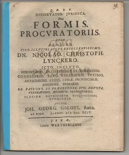 Gölgel, Johann Georg: aus Regensburg: Juristische Dissertation. De formis procuratoriis. 
