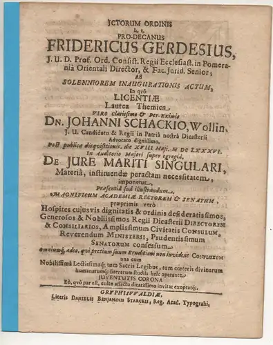 Gerdes, Friedrich: Promotionsankündiogung von Johann Schack aus Wollin. 