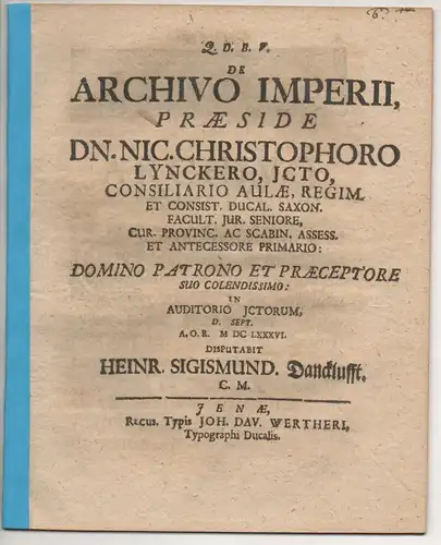 Dancklufft, Heinrich Sigismund: Juristische Disputation. De archivo Imperii. 