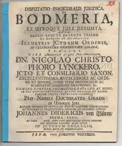 Büren, Johann Dietrich von: aus Bremen: Juristische Inaugural-Disputation. De bodmeria. 