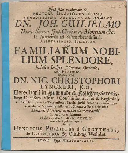 Grotthaus, Heinrich Philipp von: aus Osnabrück: Juristische Disputation. De familiarum nobilium splendore. 