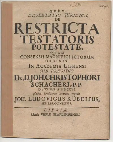 Kübel, Johann Ludwig: aus Heilbronn: Juristische Dissertation. De restricta testatoris potestate. 