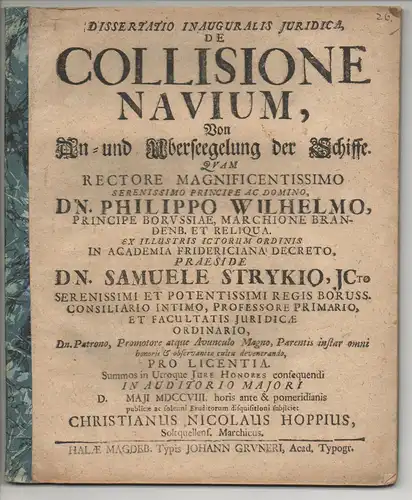 Hoppe, Christian Nicolaus: aus Salzwedel: Juristische Inaugural-Dissertation. De collisione navium, Von An- und Uberseegelung der Schiffe. 