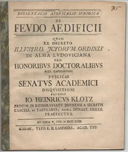 Klotz, Johann Heinrich: Juristische Dissertation. De feudo aedificii. 