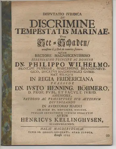 Kellinghusen, Heinrich: aus Hamburg: Juristische Disputation. De discrimine tempestatis marinae, Vom See-Schaden, occasione l. 3. Cod. De nautico foenore. 