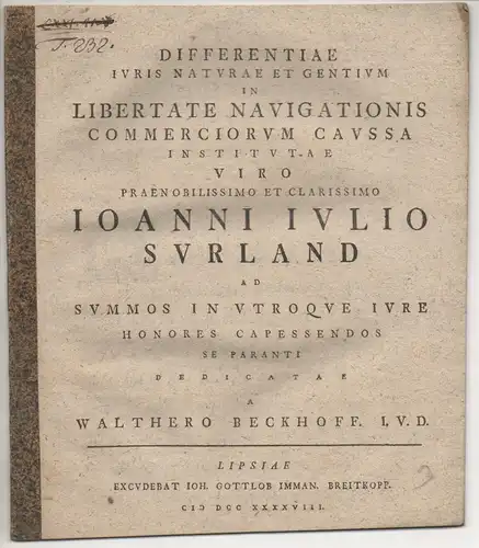 Beckhoff, Walther: Differentiae iuris naturae et gentium in libertate navigationis commerciorum caussa institutae. 