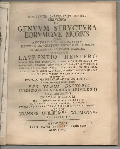 Widmann, Johann Wilhelm: aus Nürnberg: Medizinsiche Inaugural-Dissertation. De genuum structura eorumque morbis. 