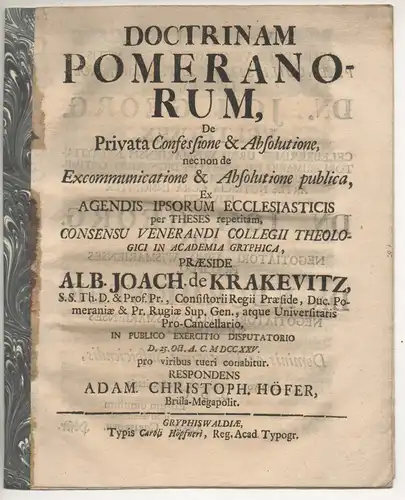 Höfer, Adam Christoph: aus Brüel: Doctrina Pomeranorum de privata confessione et absolutione. 