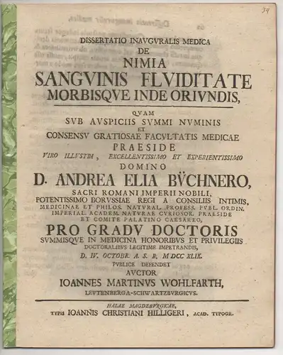 Wohlfarth, Johannes Martin: Aus Leutenberg-Schartz: Medizinische Inaugural-Dissertation. De nimia sanguinis fluiditate morbisque inde oriundis. 