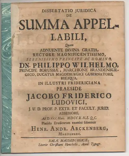 Arckenberg, Heinrich Andreas: aus Magdeburg: Juristische Dissertation. De summa appellabili. 