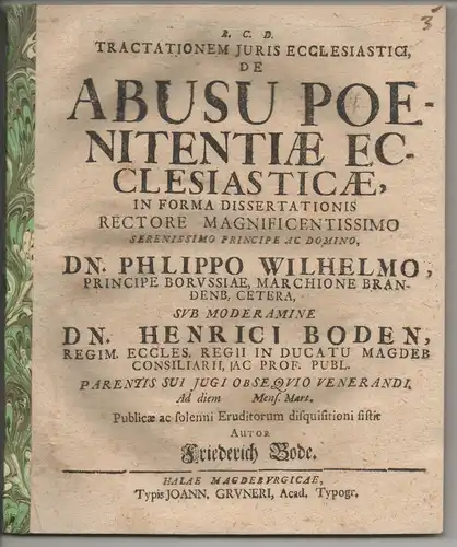 Bode, Friedrich: Tractationem Juris Ecclesiastici De Abusu Poenitentiae Ecclesiasticae In Forma Dissertationis. 