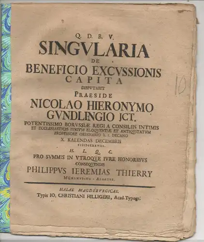 Thierry, Philipp Jeremias: aus Mühlhausen, Elsaß: Juristische Disputation. Singularia de beneficio excussionis capita. 