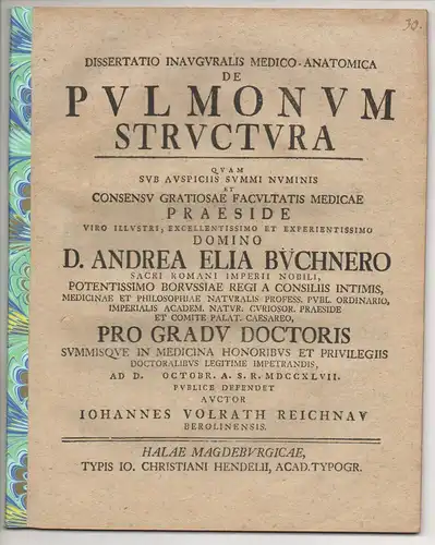 Reichnau, Johann Volrath: aus Berlin: Medizinische Inaugural-Dissertation. De pulmonum structura. 