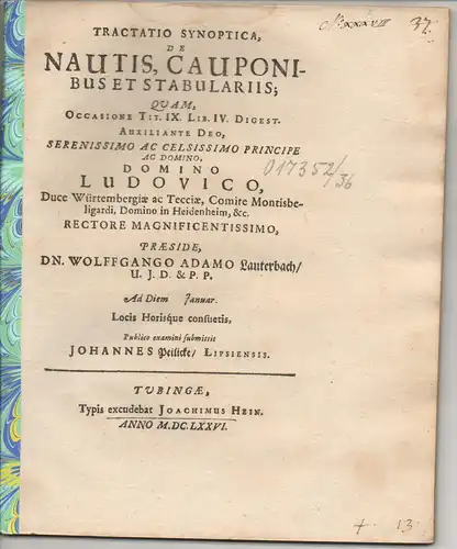 Peilicke, Johann: aus Leipzig: Tractatio synoptica, de nautis, cauponibus et stabulariis, occasione tit. IX. lib. IV. Digest. 