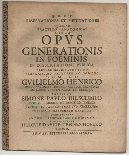 Hennenhofer, Herkules David: Observationes et meditationes quaedam practico-anatomicae circa opus generationis in foeminis. 