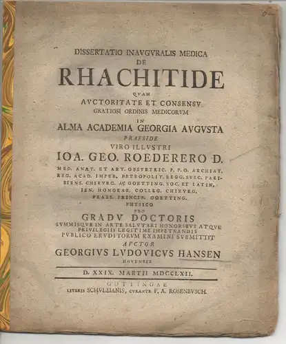 Hansen, Georg Ludewig: aus Hoya: Medizinische Inaugural-Dissertation. De rhachitide. 