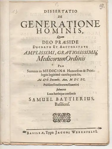 Battier, Samuel: aus Basel: Medizinische Dissertation. De Generatione Hominis. 