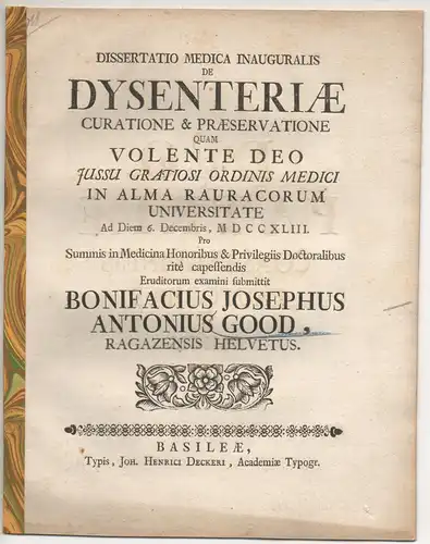 Good, Bonifacius Josephus Antonius: Medizinische Inaugural-Dissertation. De dysenteriae curatione & praeservatione. 